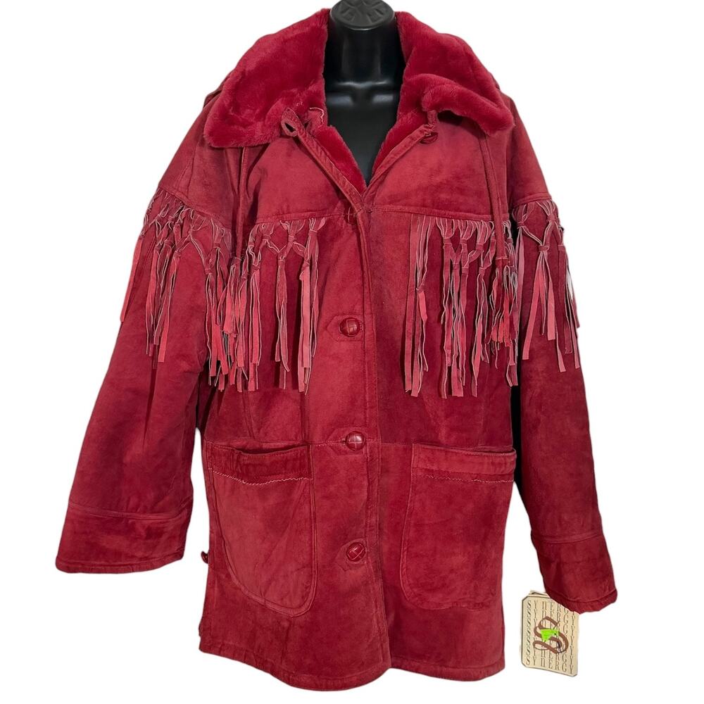 NWT Vtg Synergy L Suede Leather Fringe Western Coat Faux Fur Collar Jacket 90s